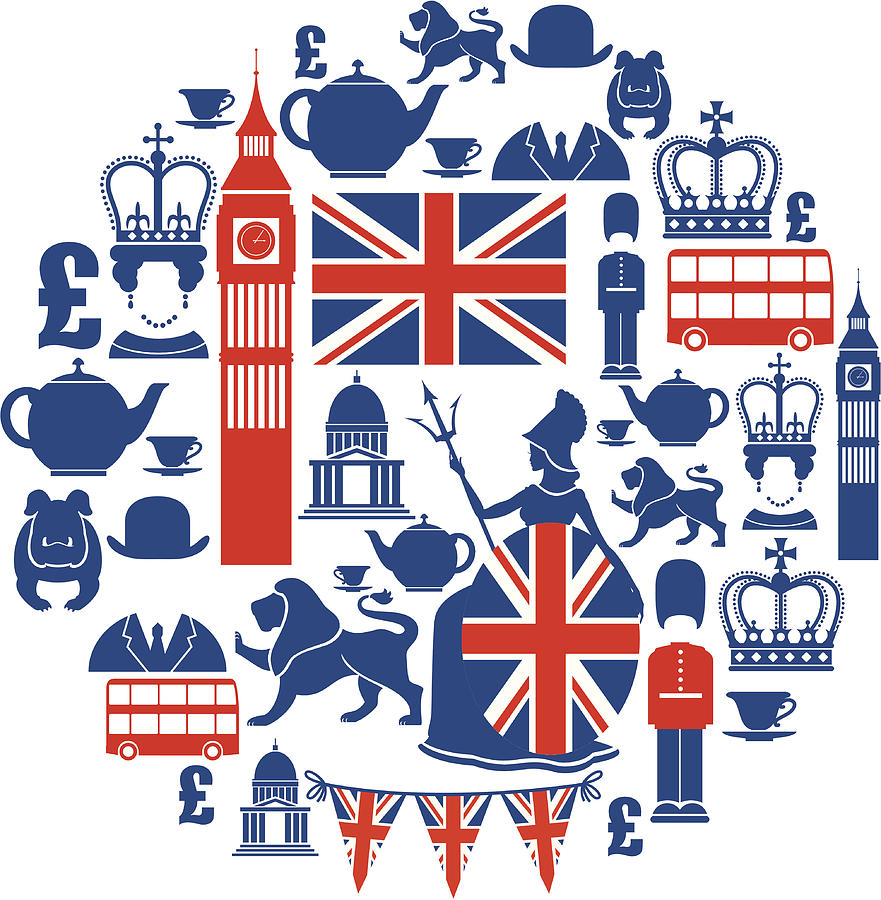 Set of British themed icons in blue and red Drawing by TheresaTibbetts
