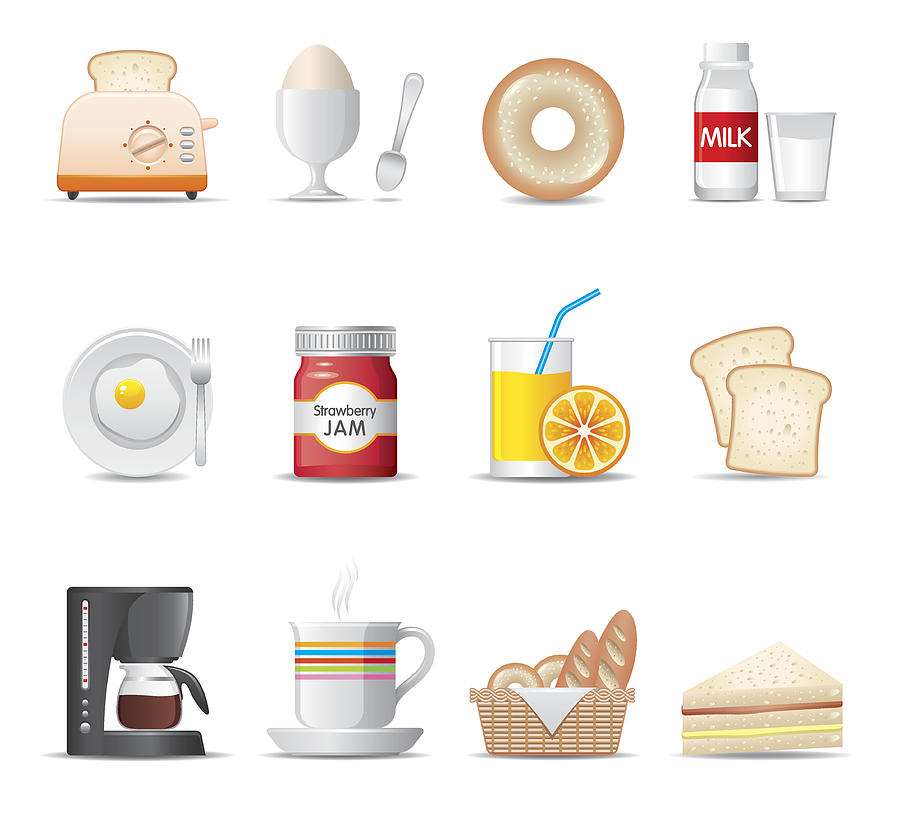 Set of cartoon breakfast food icons Drawing by RENGraphic