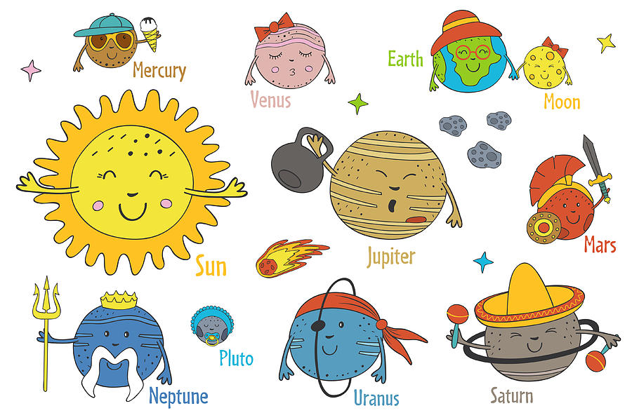 Set Of Isolated Cartoon Funny Planets Of The Solar System