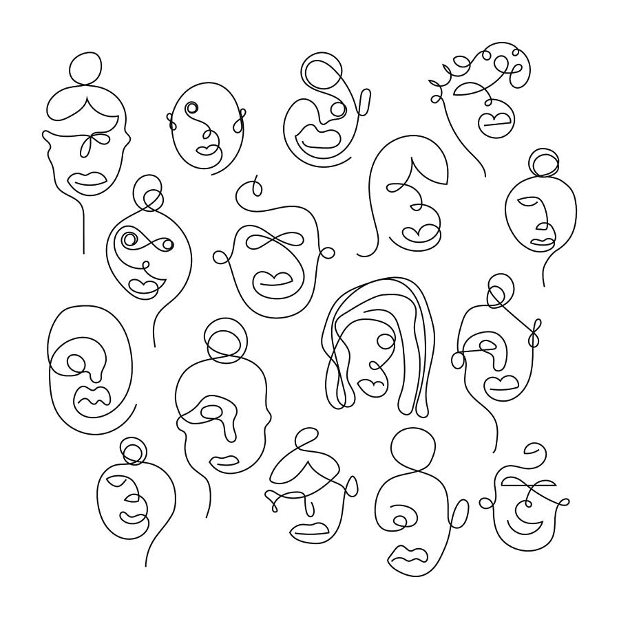 Set of one line face illustrations Drawing by Jennifer Kosig