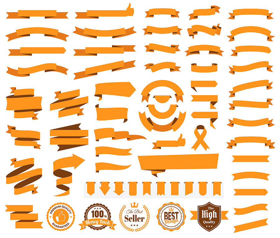 Set of Orange Ribbons, Banners, badges, Labels - Design Elements on white background Drawing by Bgblue