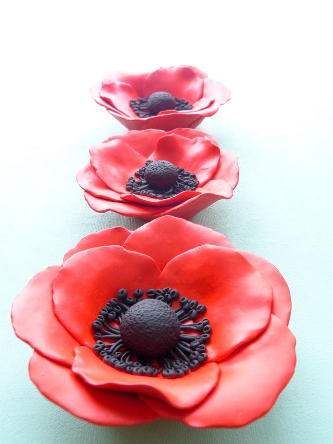 Set of three red poppy flowers Ceramic Art by Lenka Kasprisin