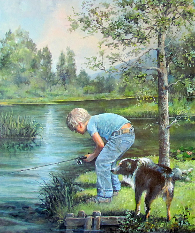 Seth and Spiky Fishing Painting by Donna Tucker - Pixels Merch