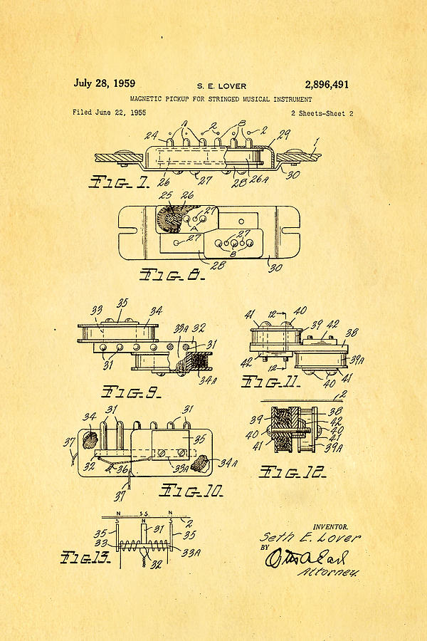 Seth Lover Gibson Humbucker Pickup 2 Patent Art 1959 Photograph by Ian ...