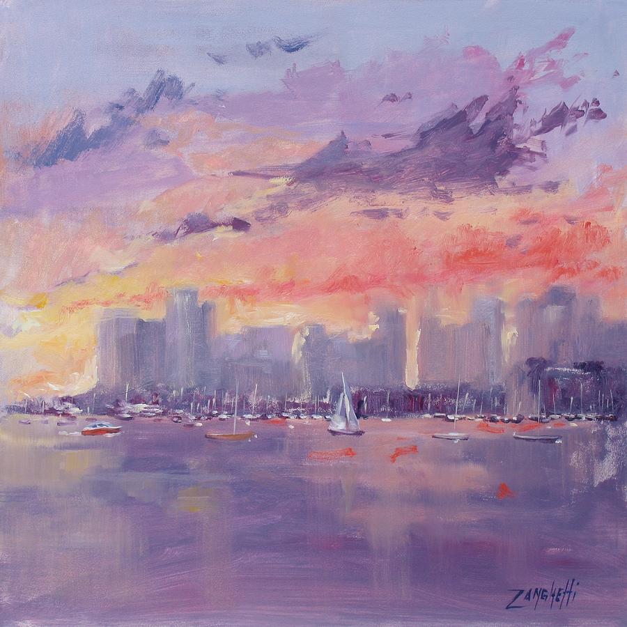 Boston Painting - Setting Sun over Boston  by Laura Lee Zanghetti