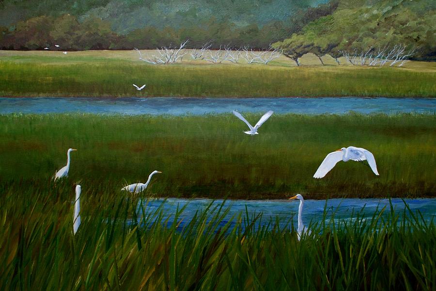 Egret Painting - Seven Egrets - Pawleys Island Marsh by Keith Wilkie