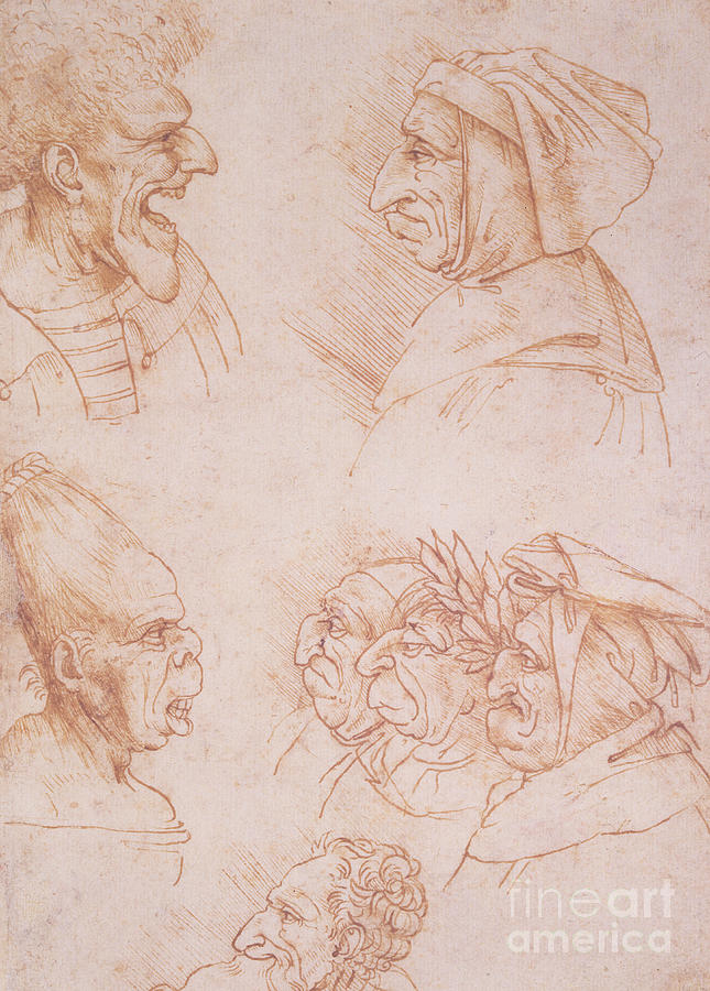 Seven Studies of Grotesque Faces Drawing by Leonardo da Vinci Pixels