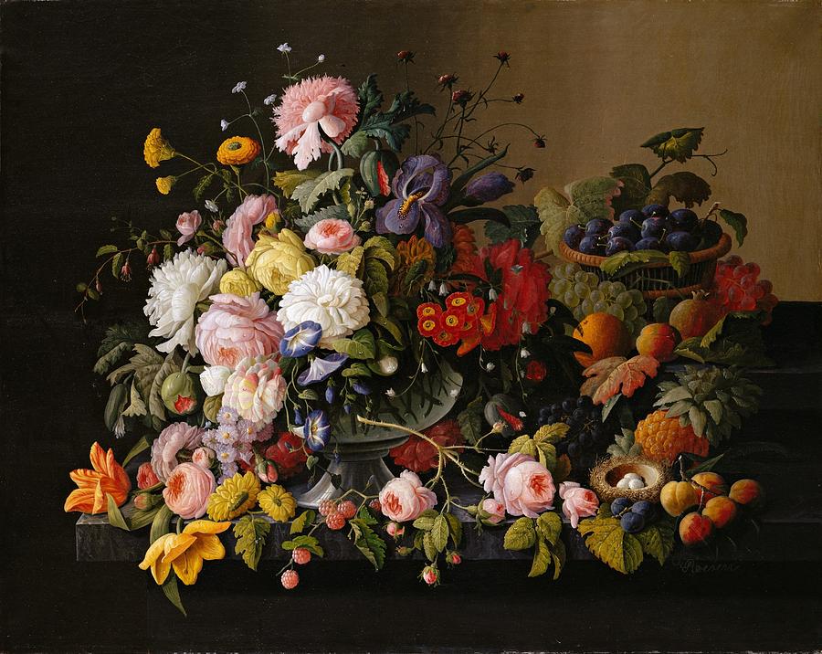 Severin Roesen Still Life Flowers and Fruit 1850 Painting by Movie Poster Prints