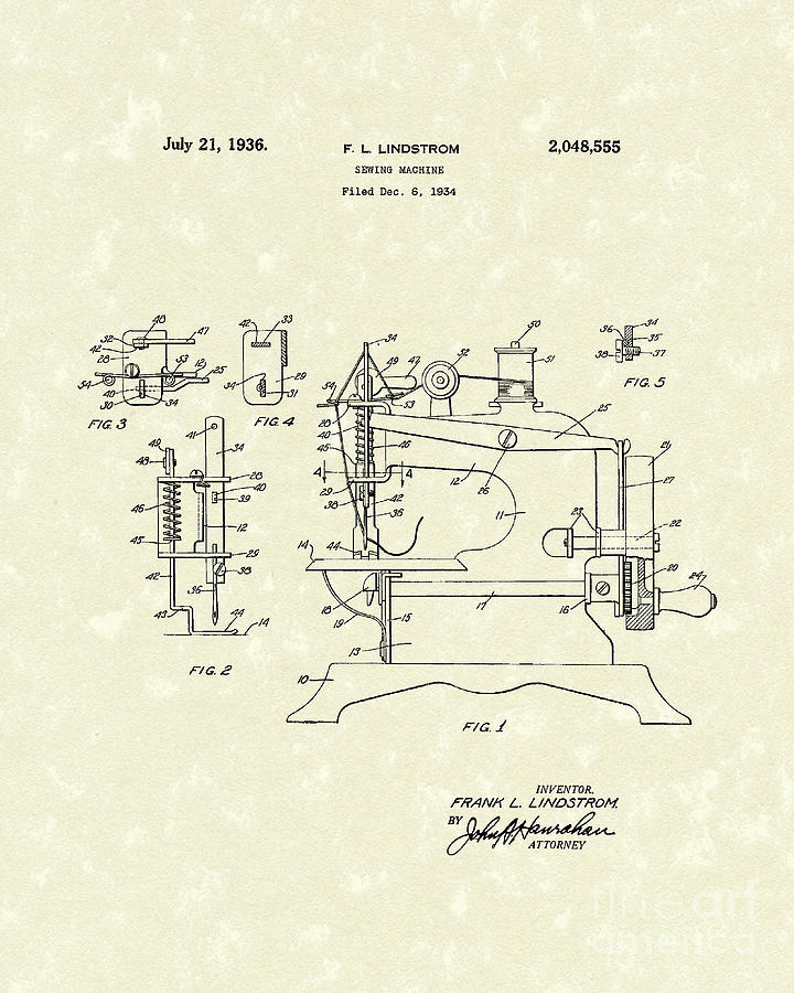 Lindstrom Drawing - Sewing Machine 1936 Patent Art by Prior Art Design