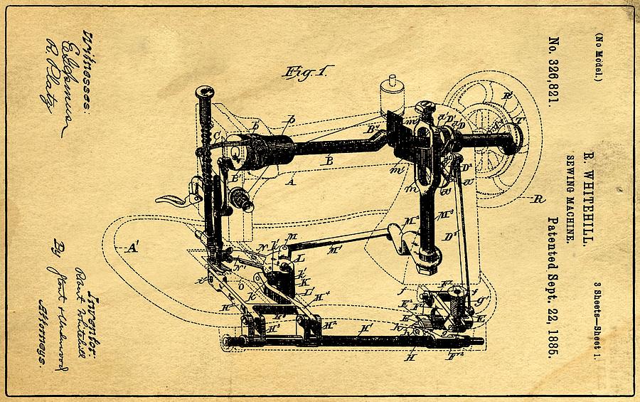 Vintage Photograph - Sewing Machines Support Patent Drawing From 1885 1 by Samir Hanusa