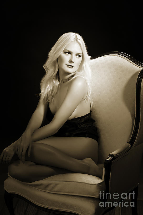 Black And White Photograph - Sexy Fine Art Blond Girl in Chair 1285.01 by Kendree Miller