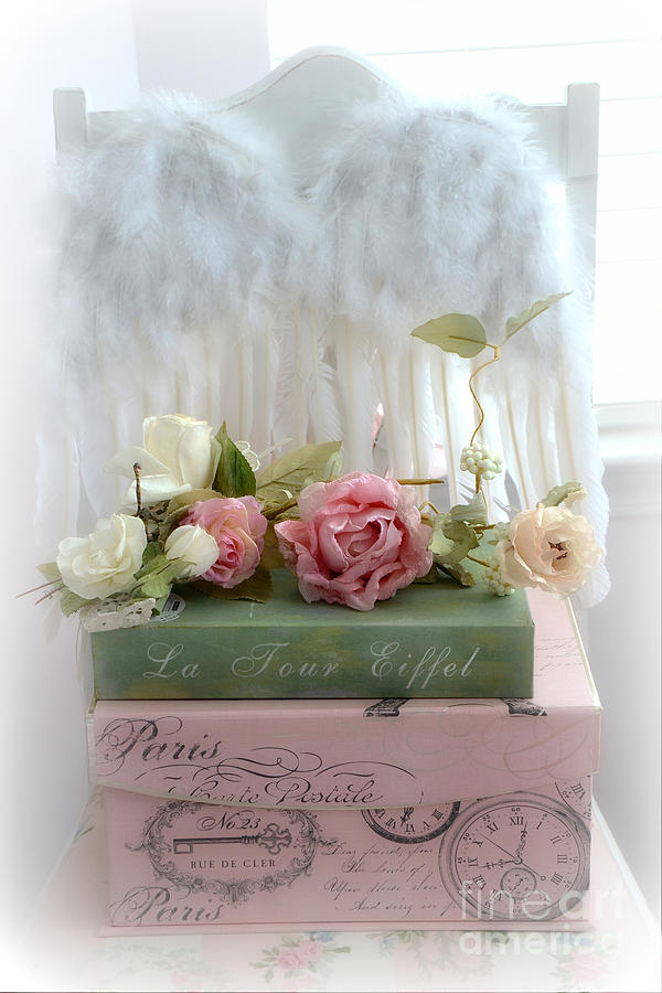 Shabby Chic Dreamy Cottage Roses With Romantic Paris Books and Angel Wings on White Chair Photograph by Kathy Fornal