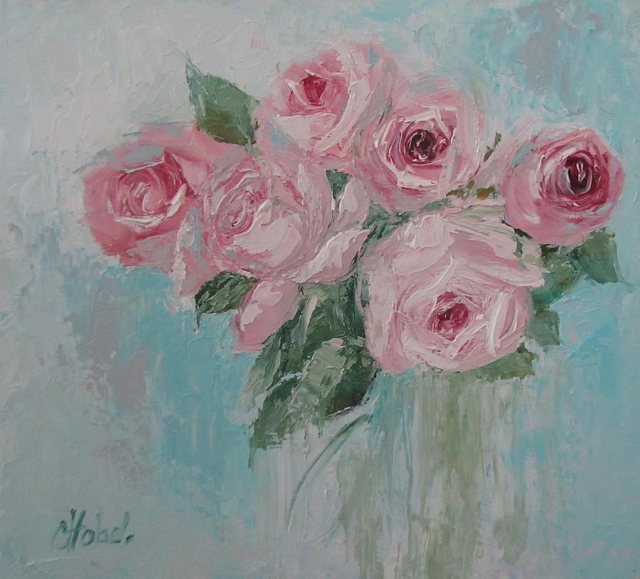 Shabby Chic Pink Roses Oil Palette Knife Painting Painting by Chris Hobel