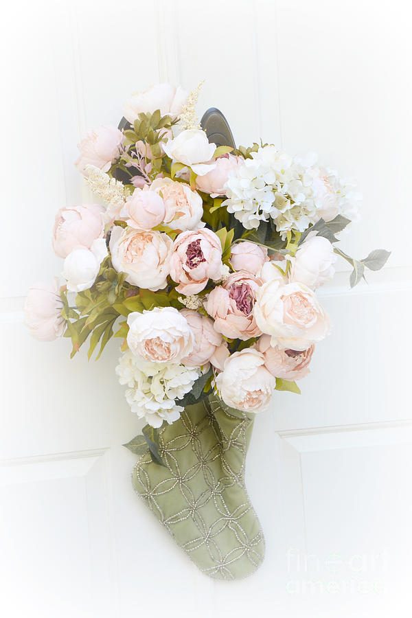 Shabby Chic Romantic Pink Peonies - Christmas Holiday Stocking Romantic Peonies  Photograph by Kathy Fornal