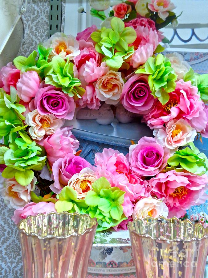 Shabby Chic Wreath Pink Roses Photograph by Saundra Myles