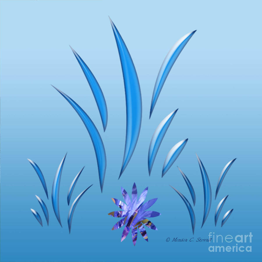 Shades of Blue Leaves and Flower on Blue Design Digital Art by Monica C Stovall