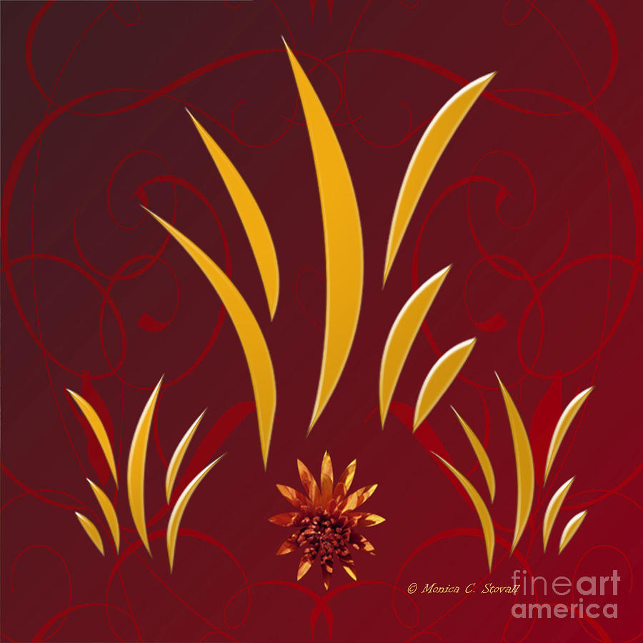 Shades of Yellow Leaves and Red Flower on Red Design Digital Art by Monica C Stovall