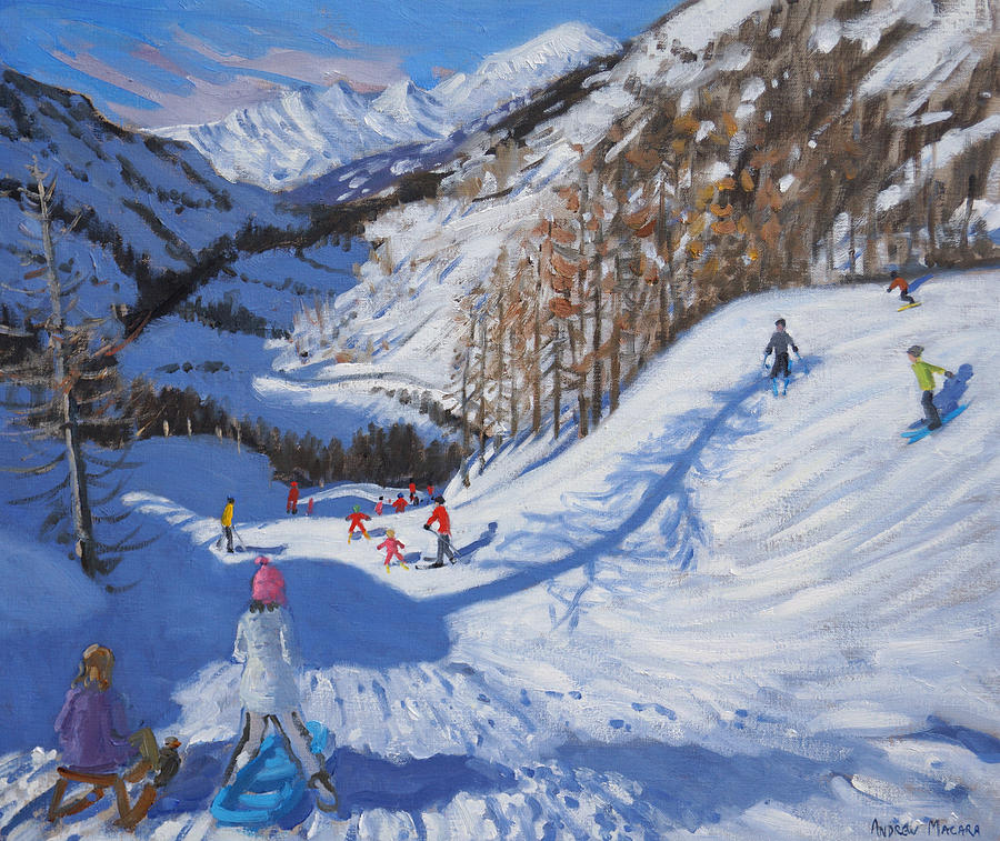Tree Painting - Shadow of a fir tree and skiers at Tignes by Andrew Macara