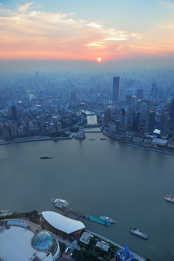 Shanghai aerial at sunset Photograph by Songquan Deng