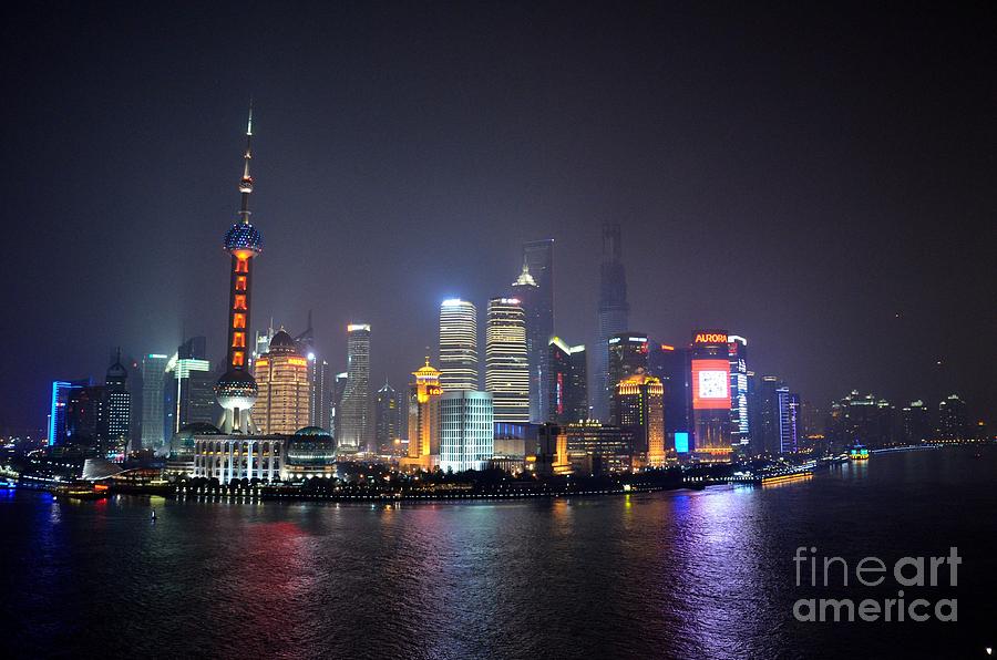 Skyscraper Photograph - Shanghai China skyline at night from Bund by Imran Ahmed