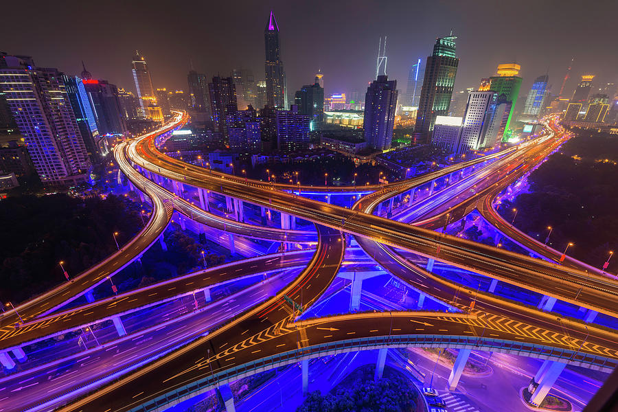 Shanghai Neon Night Highway Futuristic Photograph by Fotovoyager