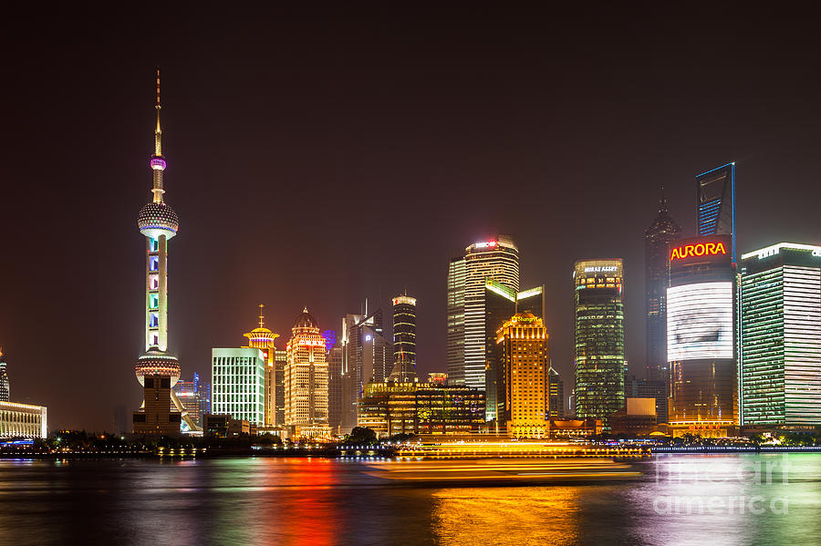 Architecture Photograph - Shanghai night city skyline by Fototrav Print