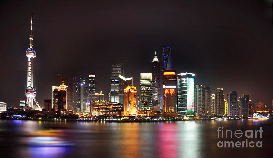 City Photograph - Shanghai skyline at night by Delphimages Photo Creations