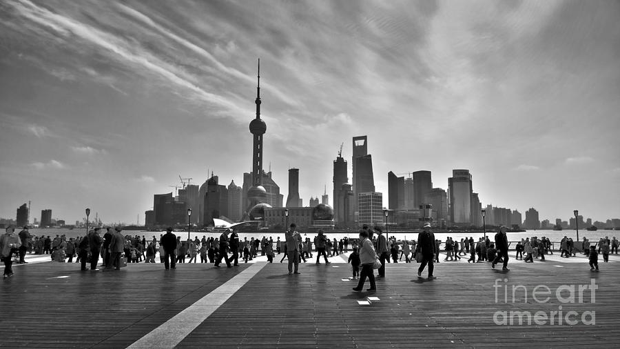 Skyline Photograph - Shanghai skyline black and white by Delphimages Photo Creations