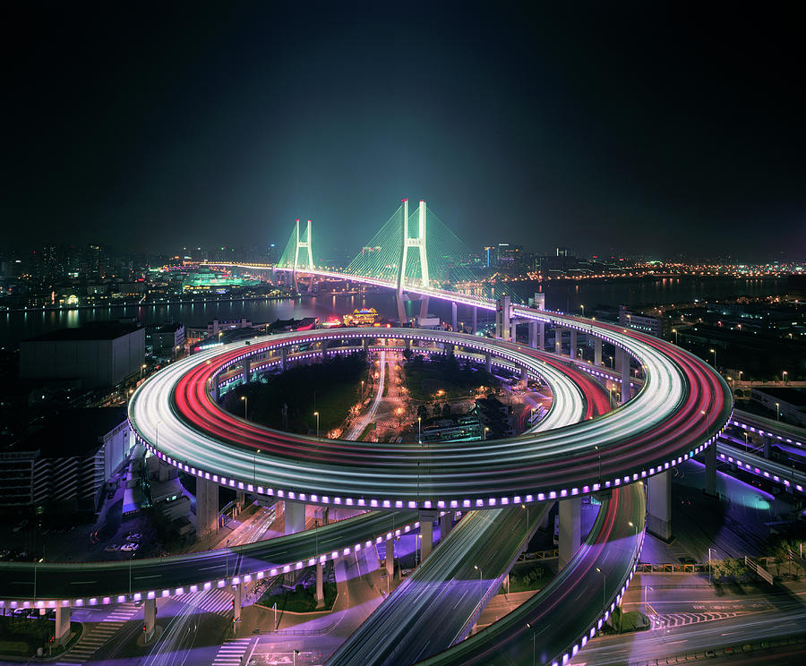 Shanghais Nanpu Bridge Illuminated At Photograph by Martin Puddy