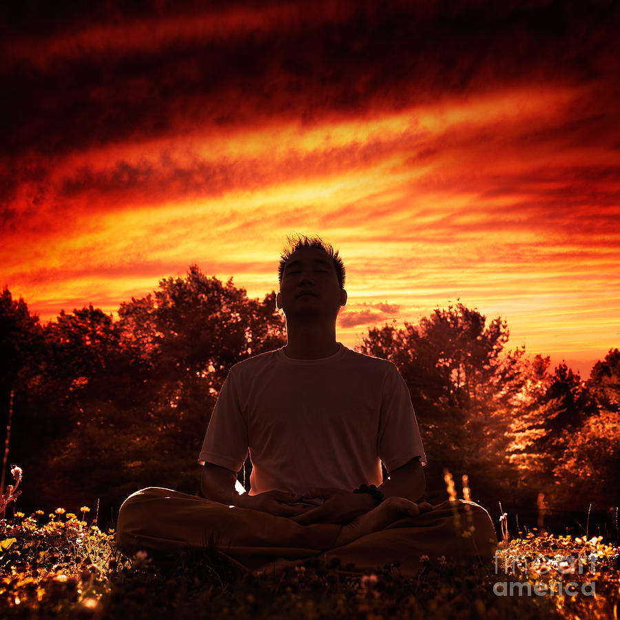 Nature Photograph - Shaolin Kung Fu instructor meditating in the nature during sunri by Maxim Images Exquisite Prints
