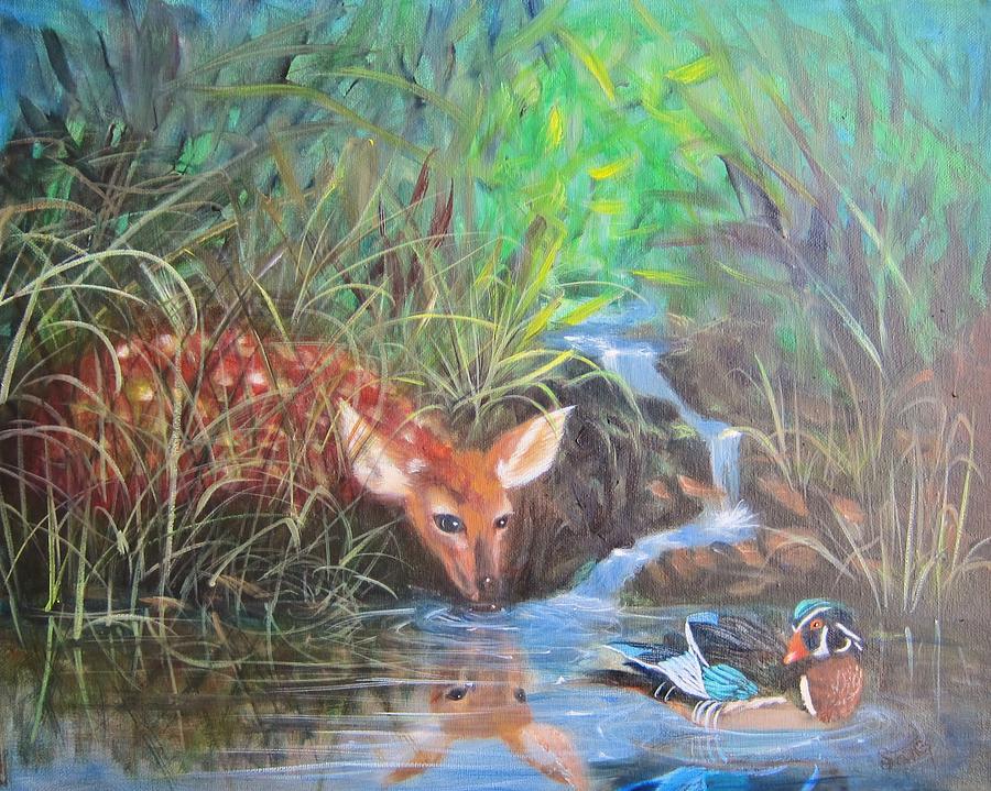 Deer Painting - Sharing the Pond by Sherry Strong
