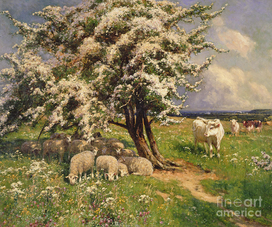 Spring Painting - Sheep and cattle in a landscape by Arthur Walker Redgate