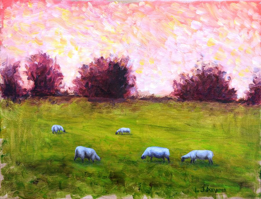 Landscape Painting - Sheep Feeding at Dusk by L Jay Adams