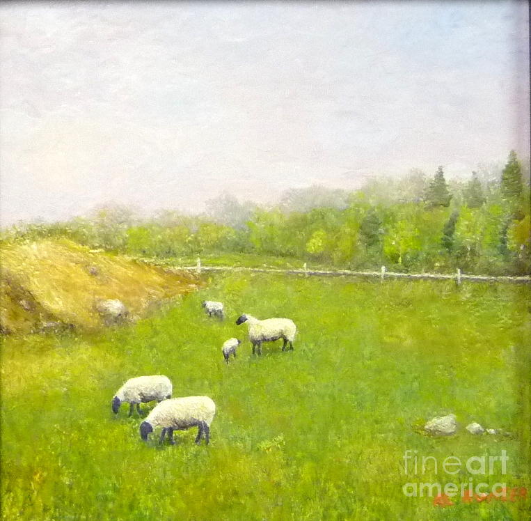 Sheep in pasture Painting by Al Hunter