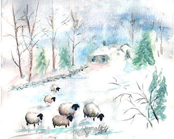 Sheep in Snow Painting by Christine Lathrop