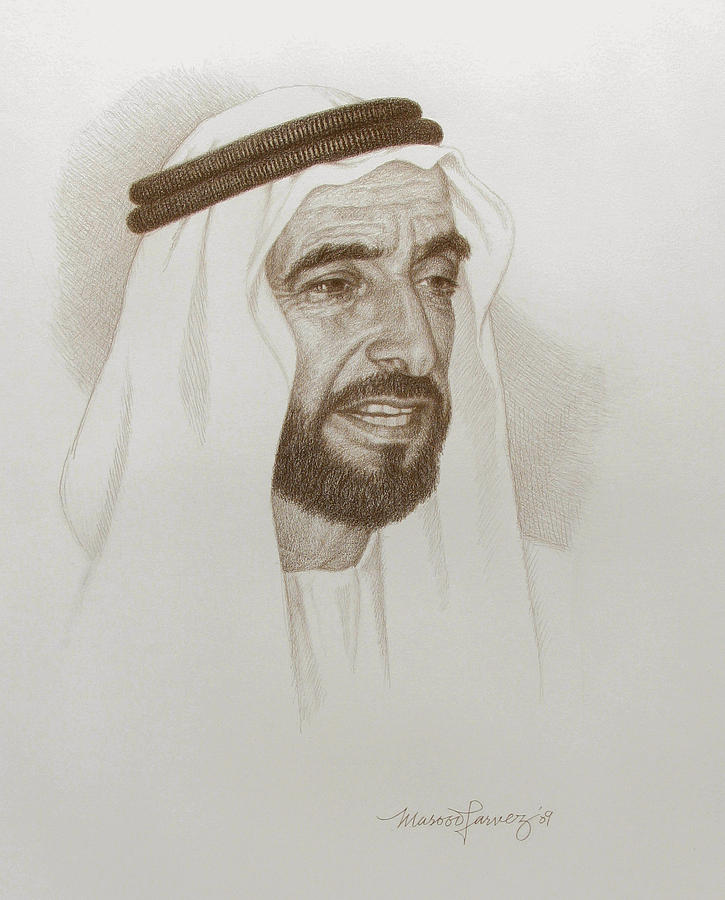Sheikh Zayed Bin Sultan Portrait III Drawing by Masood Parvez Fine