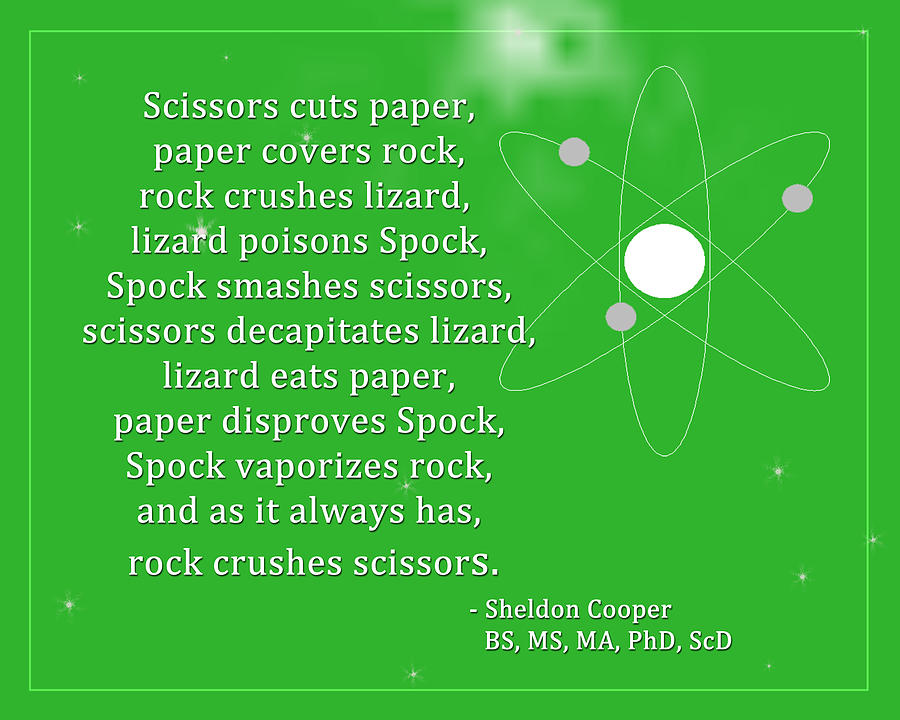 Sheldon Cooper - Rock Paper Scissors Lizard and Spock Digital Art by Paulette B Wright