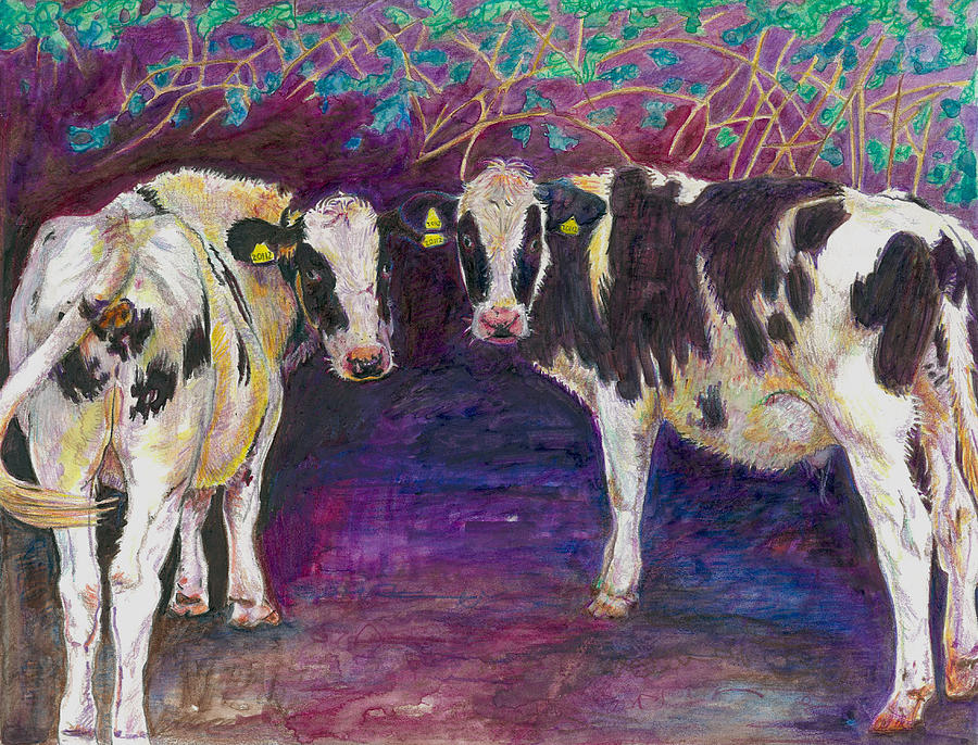 Cow Painting - Sheltering cows by Helen White