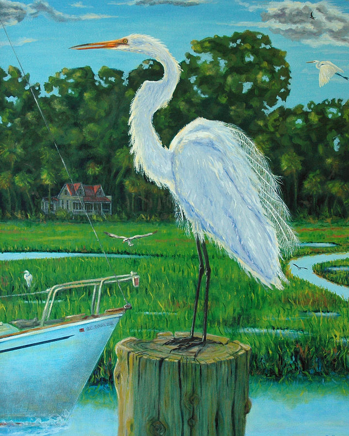 Shem Creek Egret ll Painting by Dwain Ray