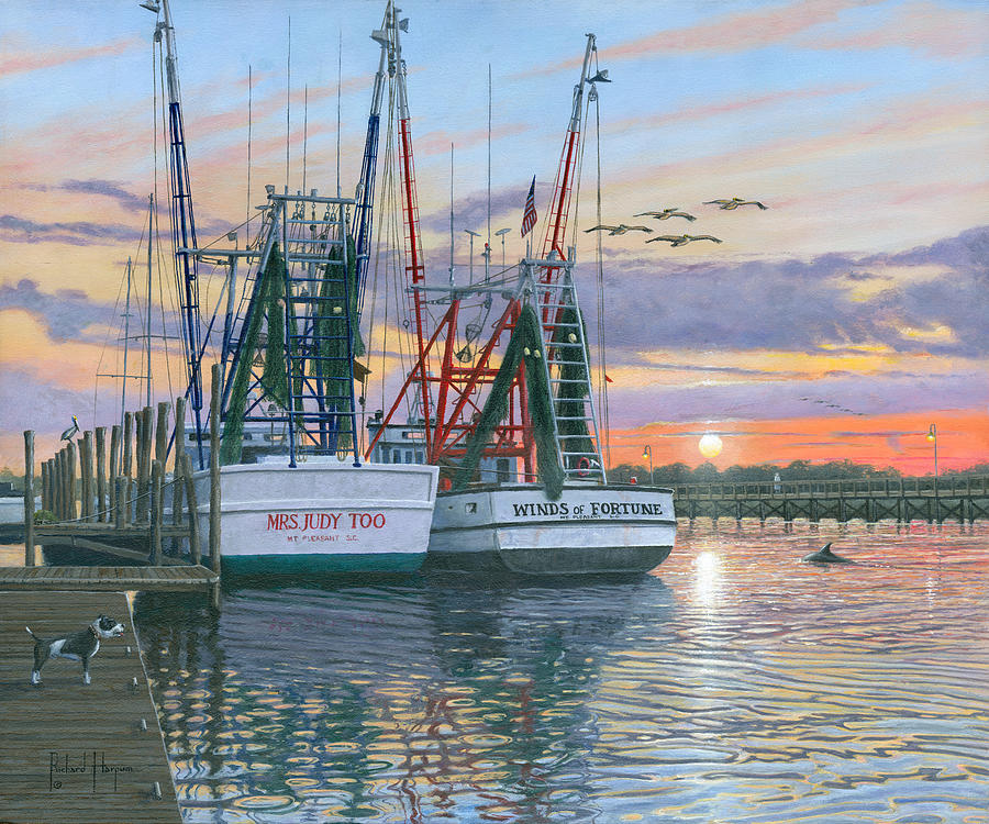 Shem Creek Shrimpers Charleston  Painting by Richard Harpum
