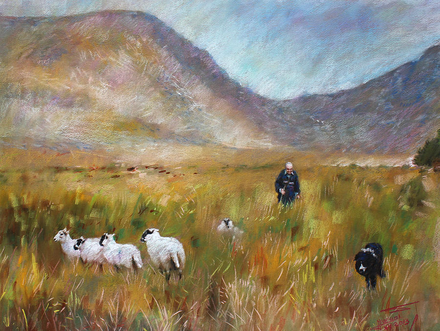 Shepherd and Sheep in the Valley  Drawing by Viola El