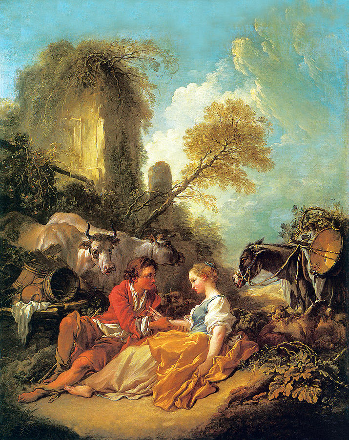 Shepherd and Shepherdess Seated by Ruins Painting by Francois Boucher