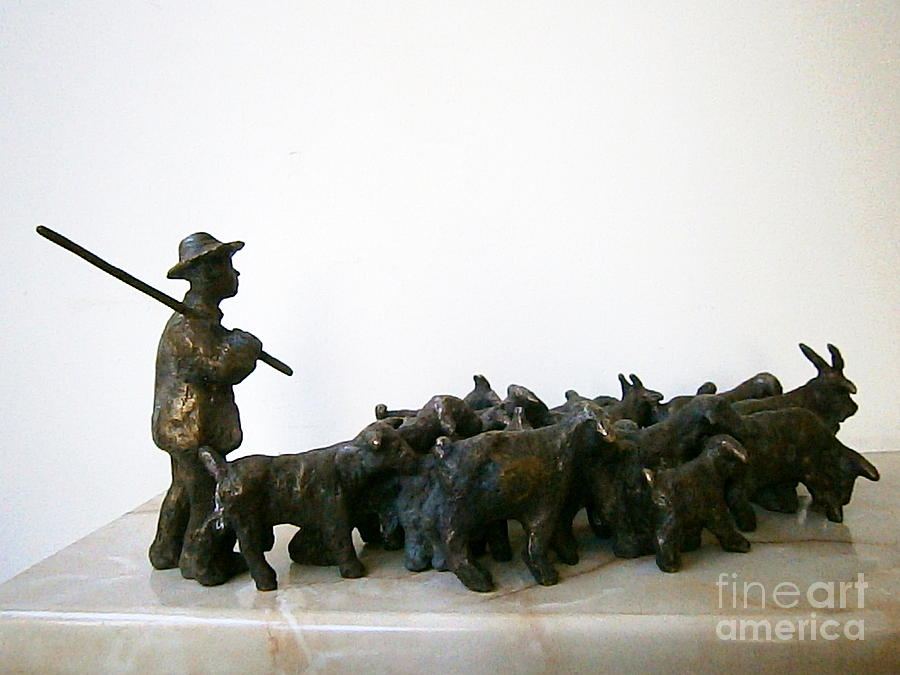 Goat Sculpture - Shepherd with a flock of goats by Milen Litchkov