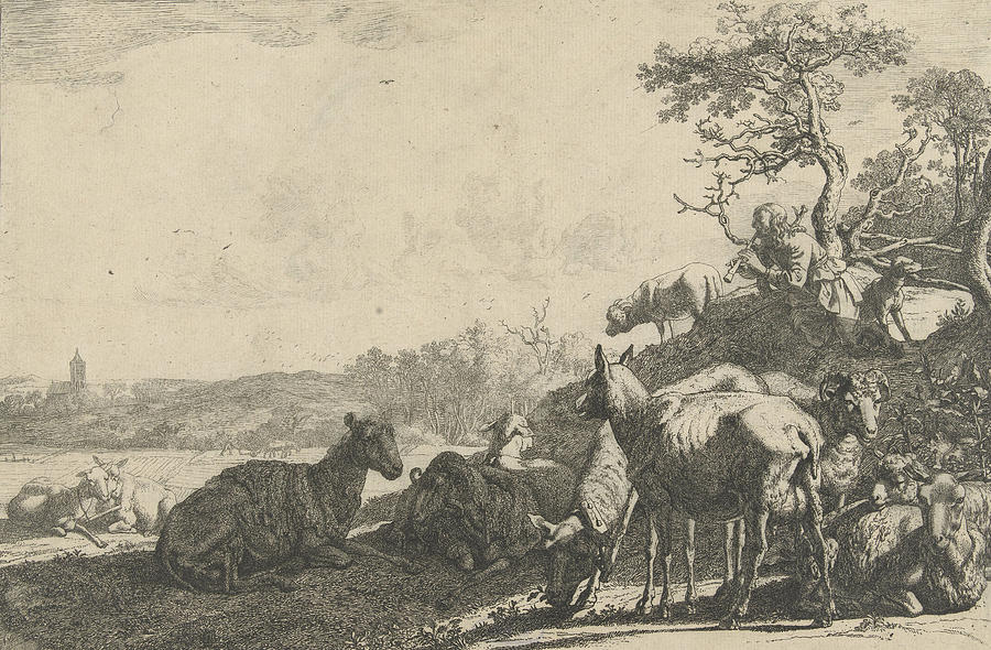 Paulus Potter Drawing - Shepherd With Dog On A Hill, Playing On A Flute by Artokoloro