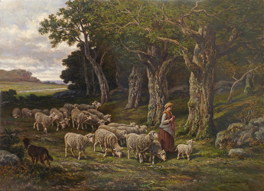 Shepherdess And Her Flock Painting by David Lloyd Glover
