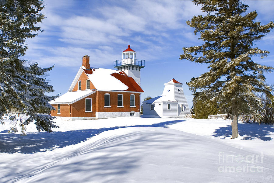 Sherwood Point Light and New Snow -  Photograph by Daniel Dempster