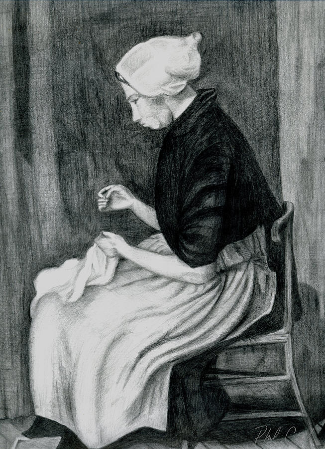 Vincent Van Gogh Drawing - Sheveningen Woman Sewing by Phil Clark