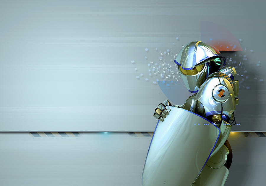 Shiny Futuristic Robot Guard With Shield Photograph by Ikon Ikon Images