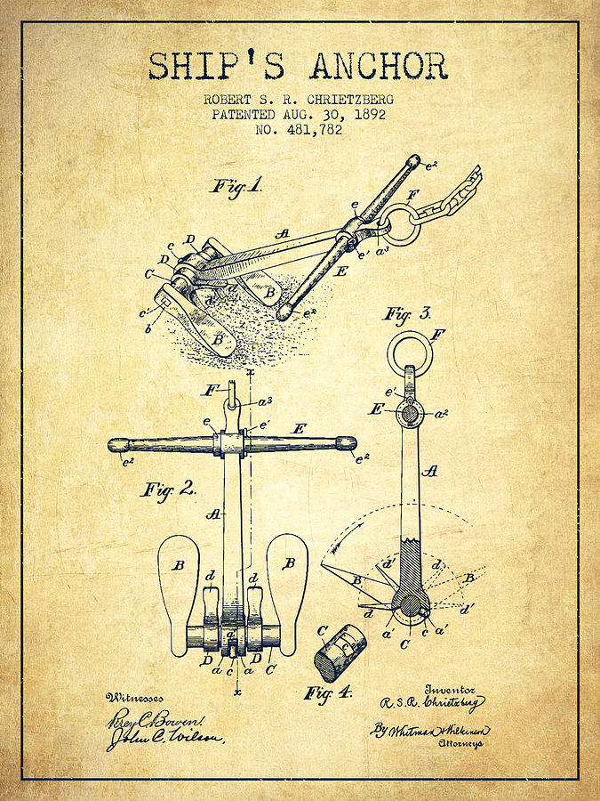 Vintage Digital Art - Ship Anchor patent from 1892 - Vintage by Aged Pixel