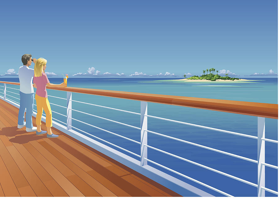 Ship Deck Couple and Tropical Island Drawing by AlexvandeHoef